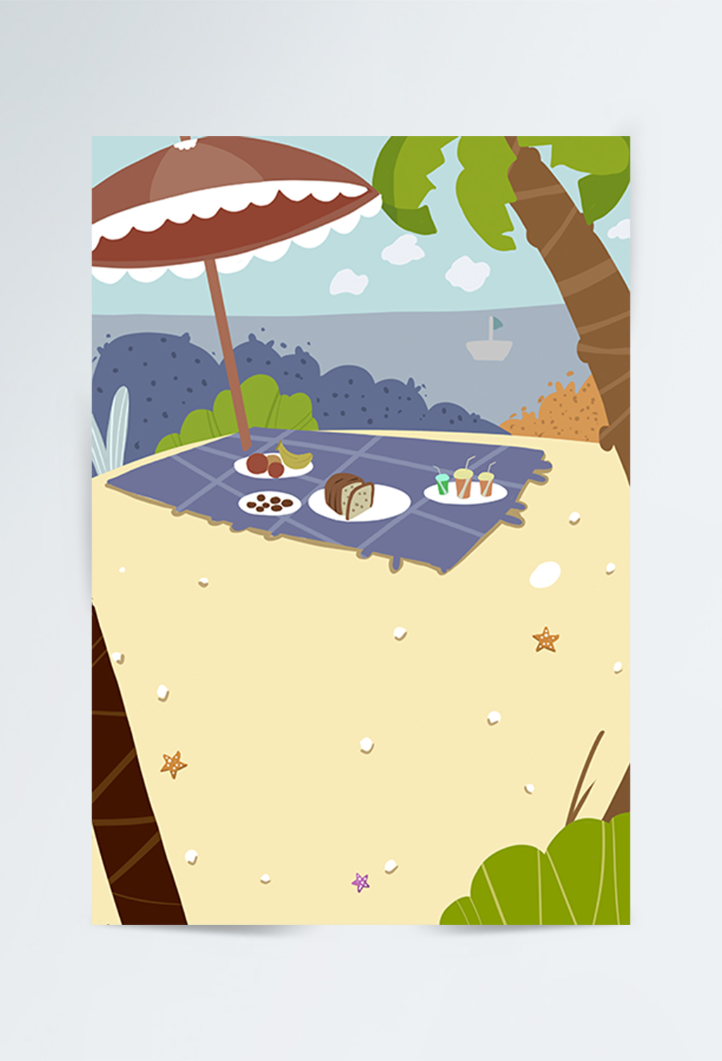 手绘卡通夏日海边沙滩背景素材