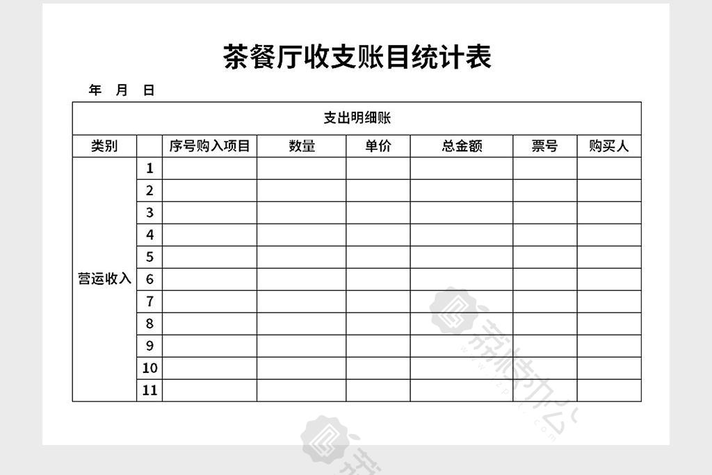 茶餐廳收支賬目統計表excel表格模板