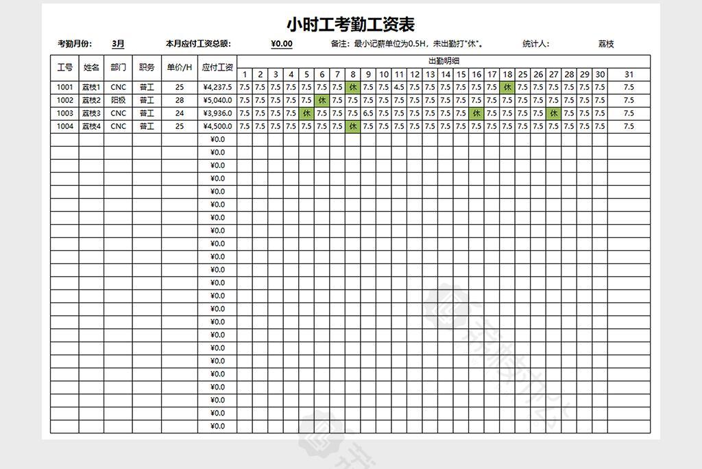 小時工考勤excel表格模板