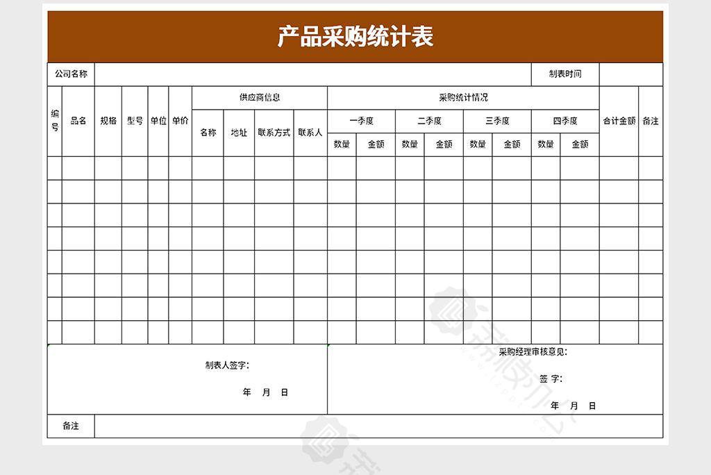 產品採購統計表excel模板